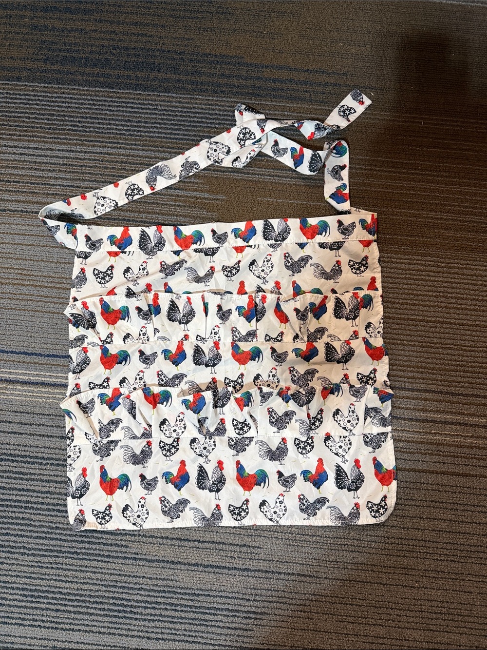 Farmhouse Egg Apron in White, Red, Blue Chickens